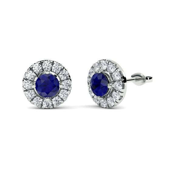 Round Blue Sapphire and Diamond Cluster Earrings