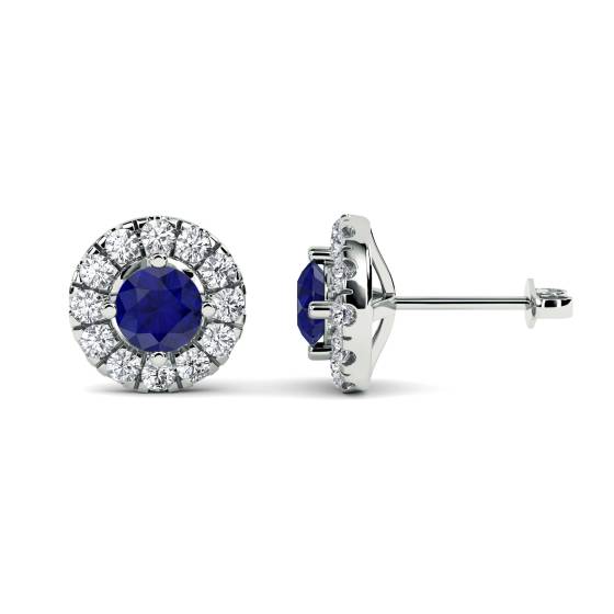 Round Blue Sapphire and Diamond Cluster Earrings