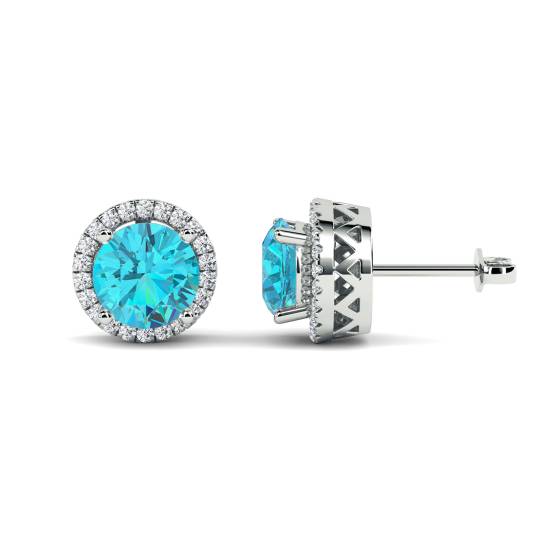 Round Shaped Aquamarine and Diamond Cluster Earrings
