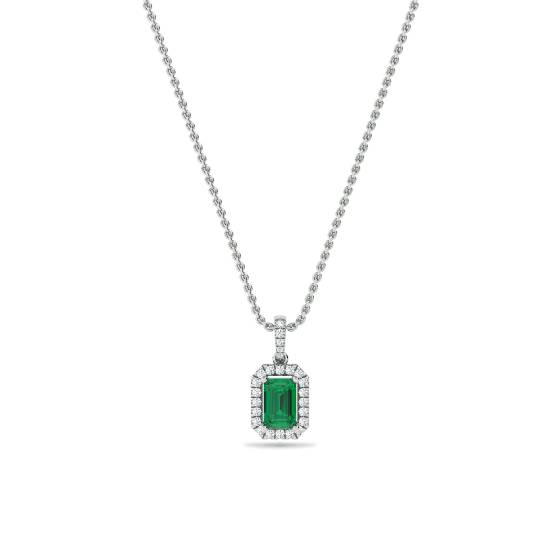 Green Emerald and Diamond Halo Pendant