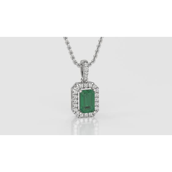Green Emerald and Diamond Halo Pendant