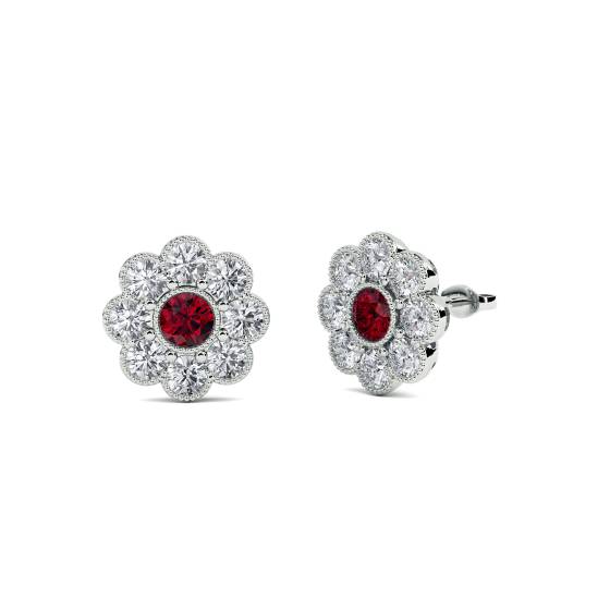 Round Ruby and Diamond Bezel Set Cluster Earrings