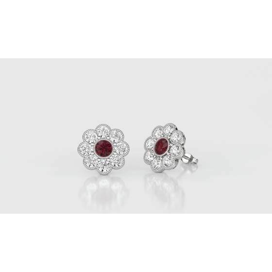 Round Ruby and Diamond Bezel Set Cluster Earrings
