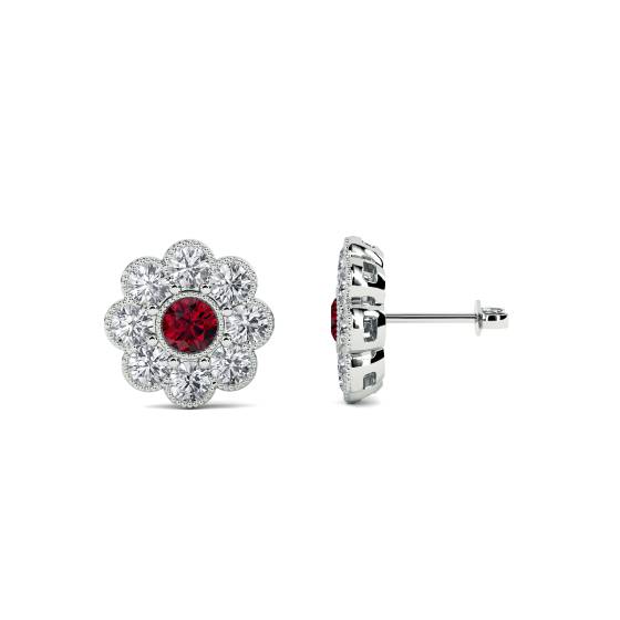Round Ruby and Diamond Bezel Set Cluster Earrings