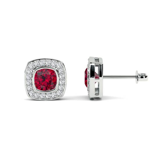 Cushion Ruby and Diamond Bezel Set Cluster Earrings