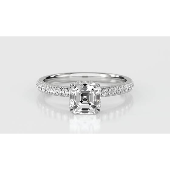 Asscher Diamond High Set Hidden Halo Shoulder Set Ring