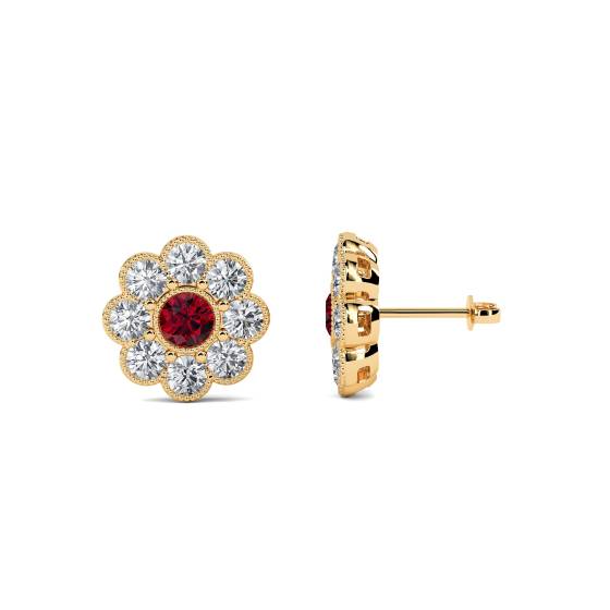 Round Ruby and Diamond Bezel Set Cluster Earrings