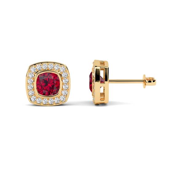Cushion Ruby and Diamond Bezel Set Cluster Earrings